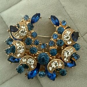 Gold-Tone Blue Crystal Floral Brooch and/or Hairpin - Women Jewelry